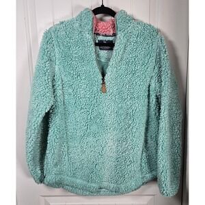 Women's Simply Southern M Mint Pink Collar Faux Fur Sherpa Pullover 1/4 Zip